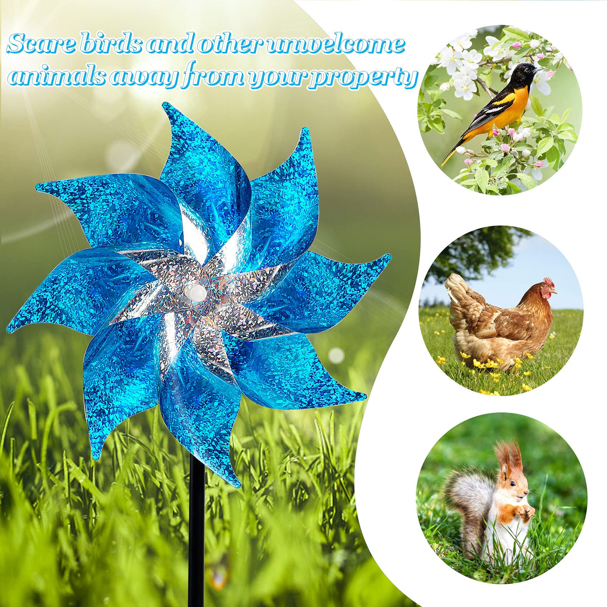 Hausse reflective pinwheels blue Mylar material enhances light reflections to deter birds