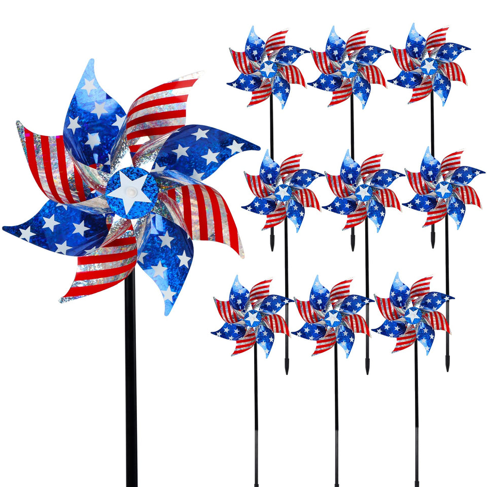 Hausse reflective pinwheels with US flag on stick for garden decoration and bird deterrence.