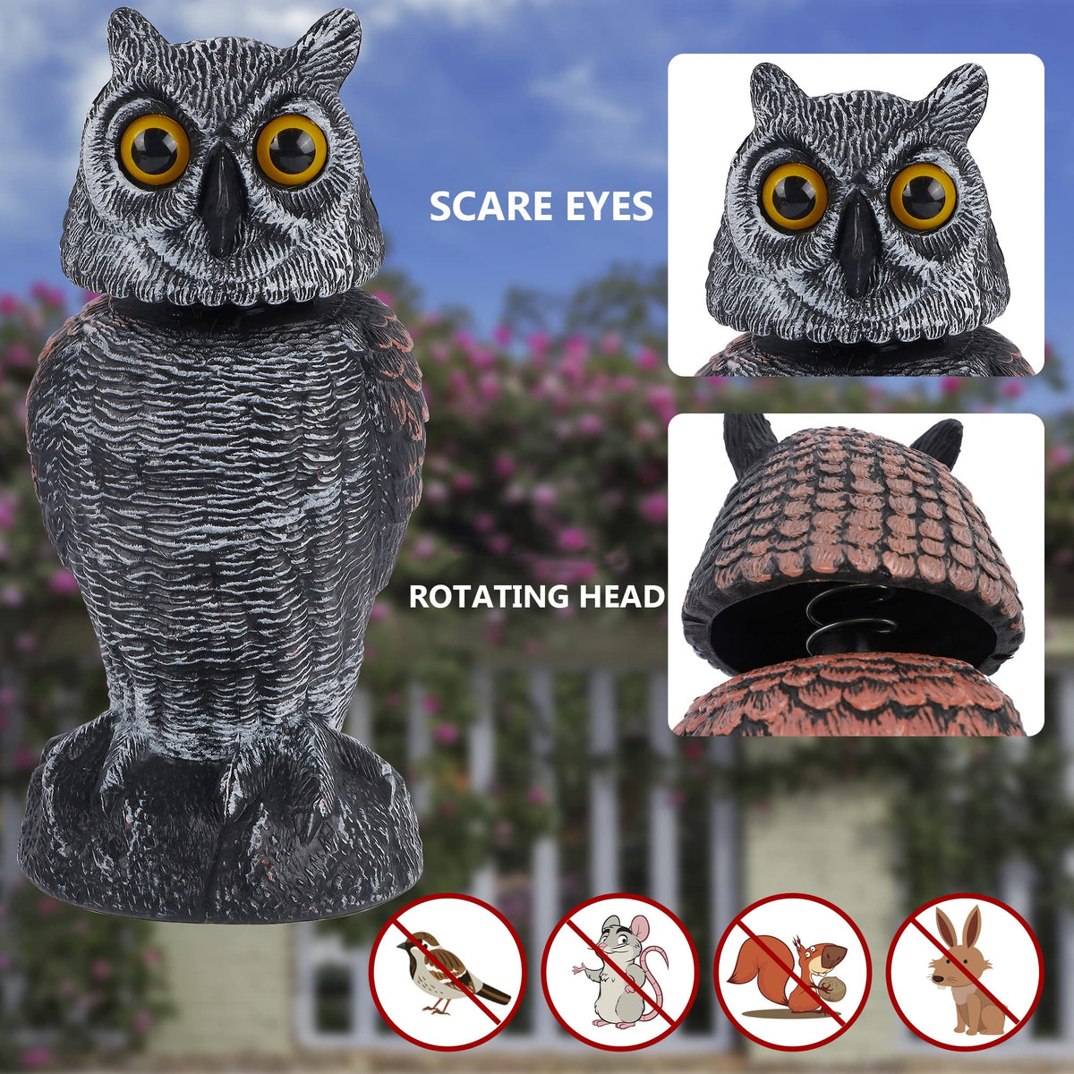 Hausse rotating head owl decoy shows motion for outdoor deterrence.