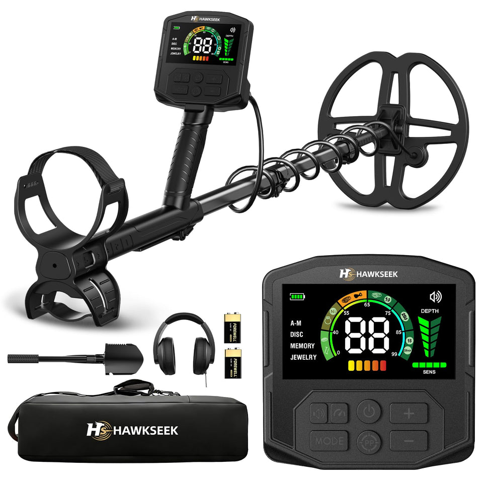 HawkSeek metal detector with backlit color LCD for sun-ready readings.