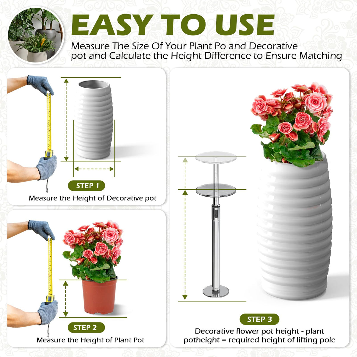 Hazztoll metal lift insert supports tall taper pots for stable display.