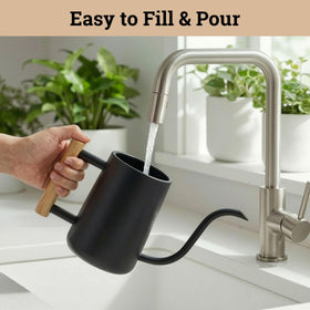 HB Design Co. Black metal watering can with powder-coated finish preserves against rust and leaks.
