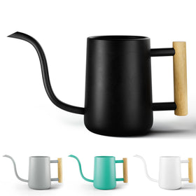 HB Design Co. 35 oz metal watering can with long spout and wood handle for precise indoor watering.