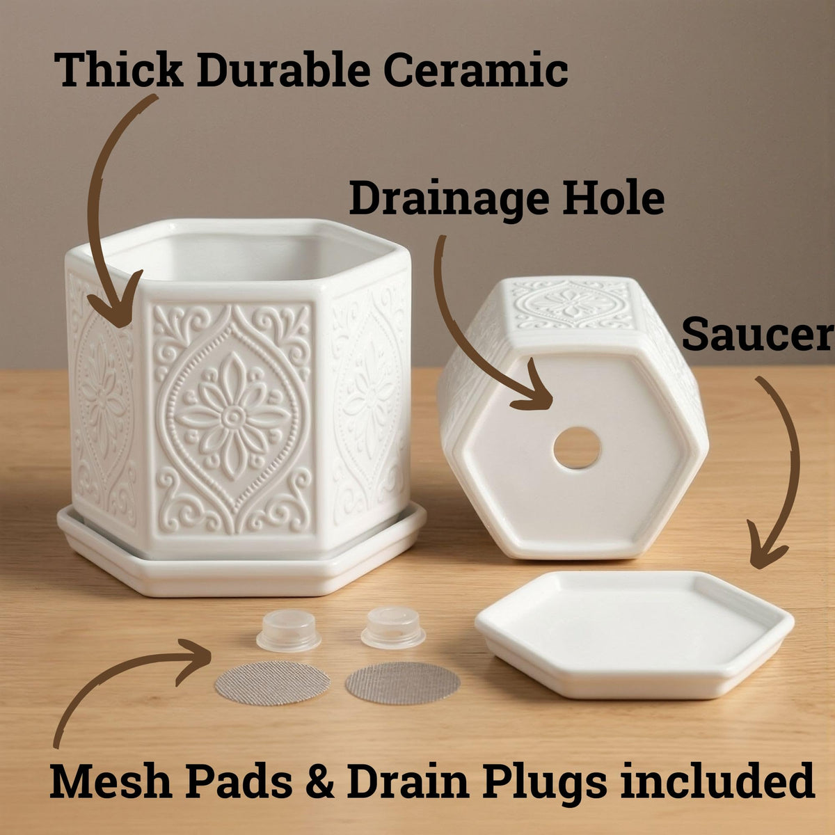 HB Design Co ceramic pot 4-inch hexagon pattern for compact displays