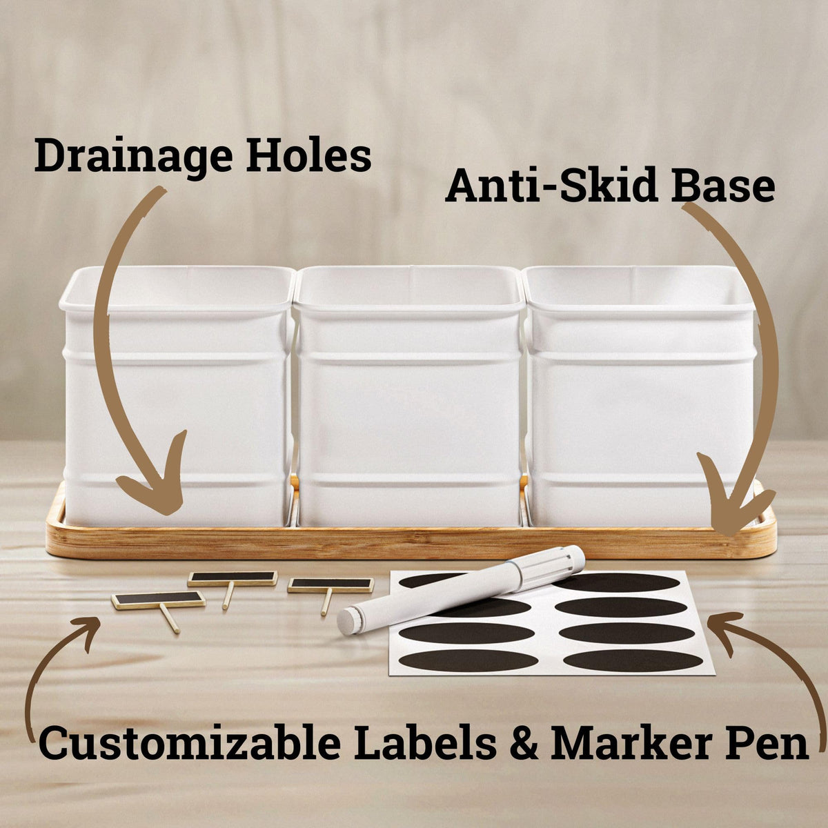 HB Design Co. Iron pots with drainage holes support healthy indoor herb growth.