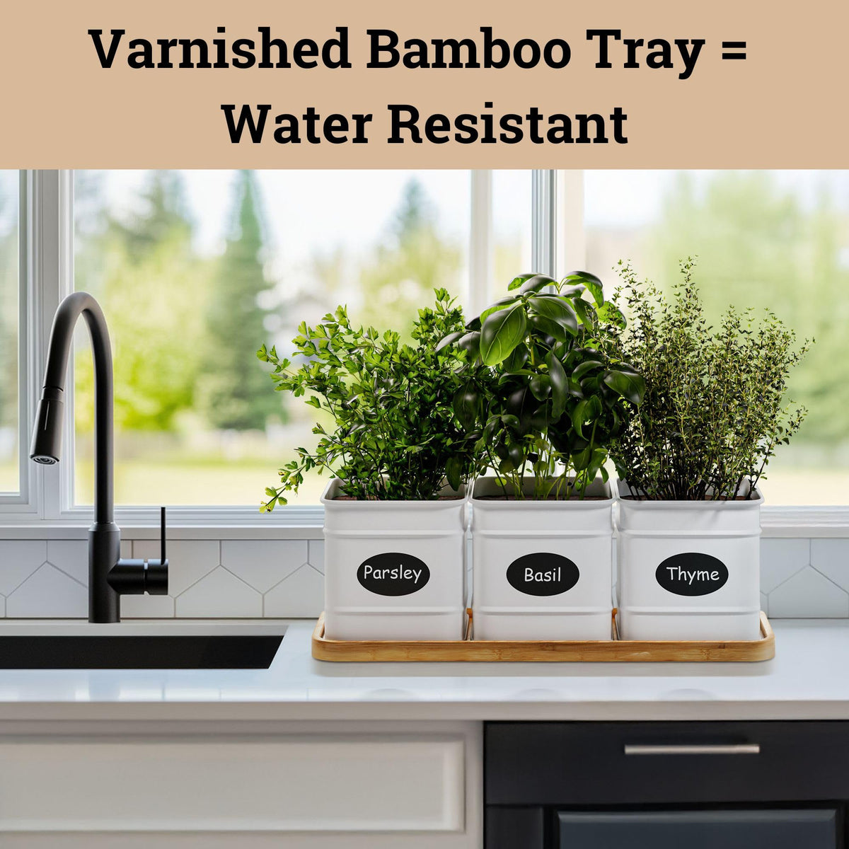 HB Design Co. Varnished Bamboo Tray adds warmth and protects surfaces.