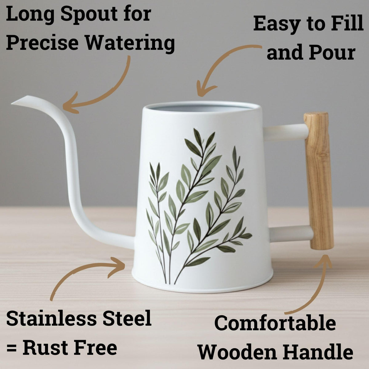 HB Design Co wooden-handled watering can offers comfortable grip for daily plant care.