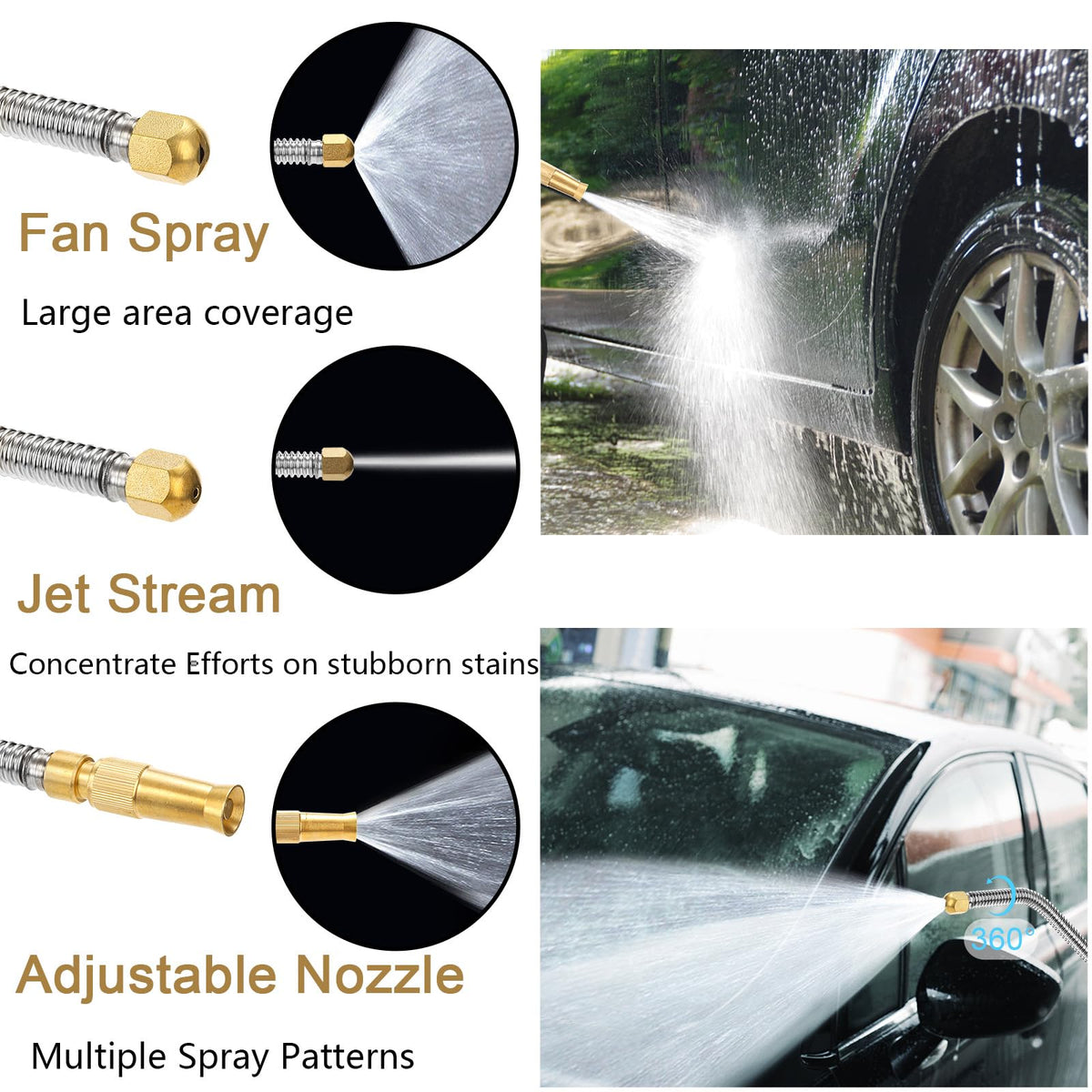 Hbaushun three-nozzle sprayer provides fan, jet, and adjustable spray modes.