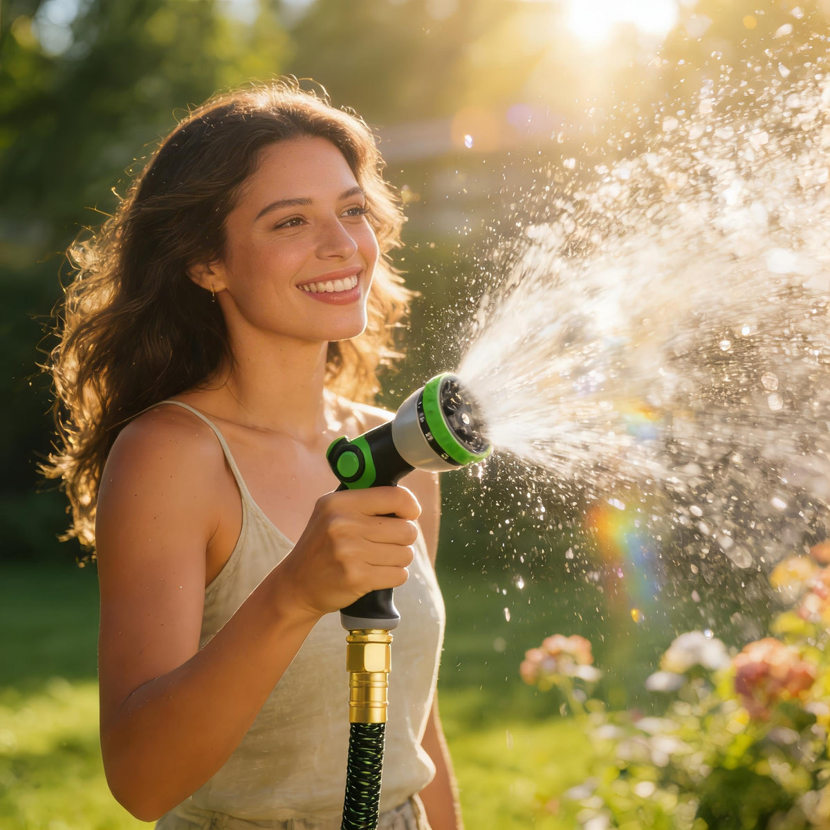 HBlife 10-pattern nozzle in action for watering and cleaning tasks
