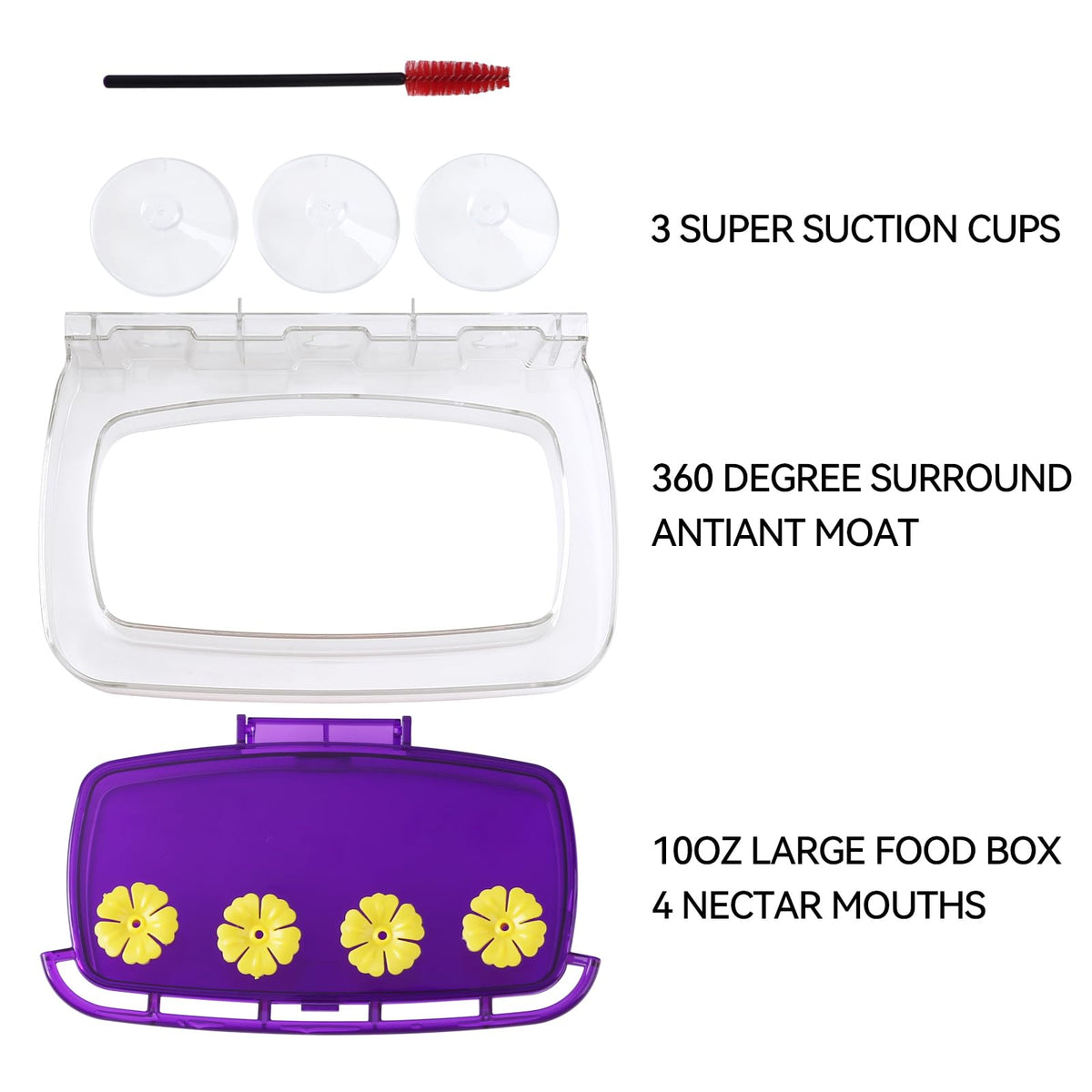 Feeder shown securely mounted on glass with stable suction cups.