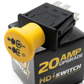 HD Switch 20A PTO switch in yellow for durable lawn equipment performance.