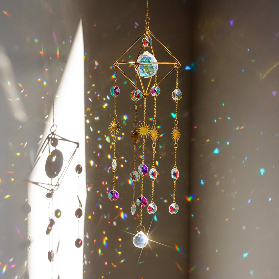 HDCRYSTALGIFTS 17inch crystal prisms suncatcher catching sunlight and rainbows in a window