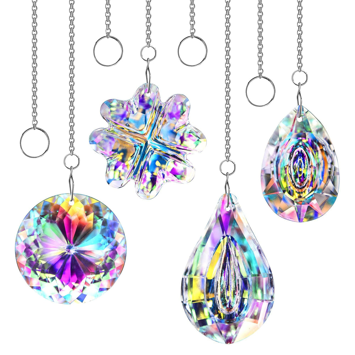 HDCRYSTALGIFTS 4pc crystal suncatchers shimmer in sunlight, creating rainbow reflections on walls and windows.