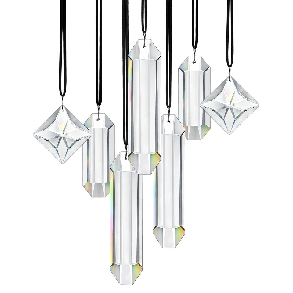 HDCRYSTALGIFTS clear crystal prisms sun catcher sparkling in a sunlit window.