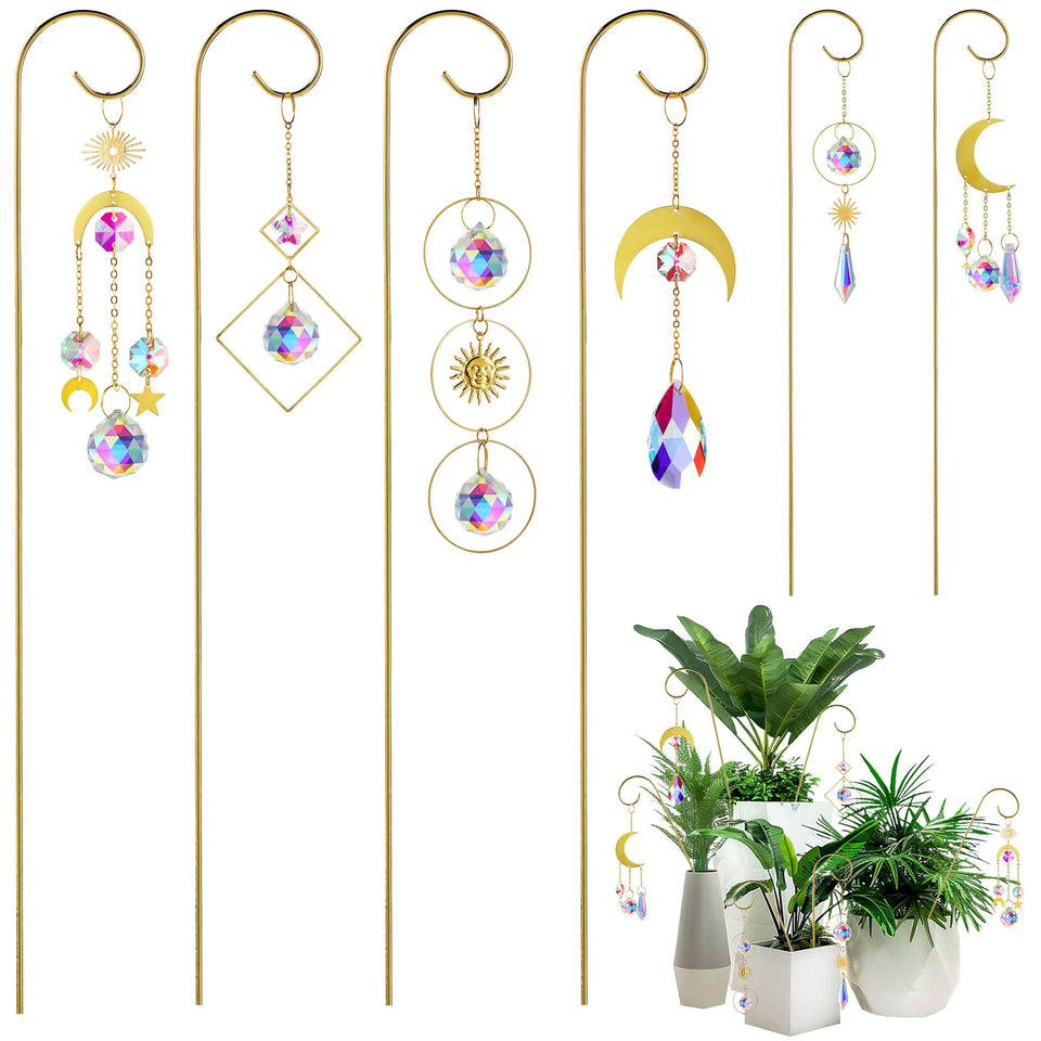 HDCRYSTALGIFTS crystal sun catchers on golden stakes create rainbow reflections in sunlight