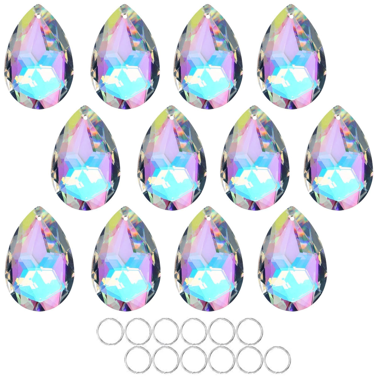 HDCRYSTALGIFTS 12-pack 50mm crystal prisms for chandelier decoration and rainbow reflections.