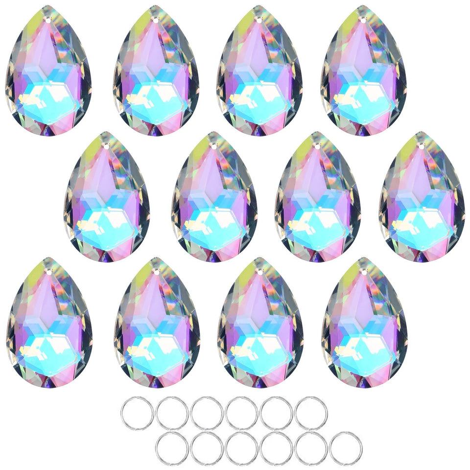 HDCRYSTALGIFTS 12-pack 50mm crystal prisms for chandelier decoration and rainbow reflections.