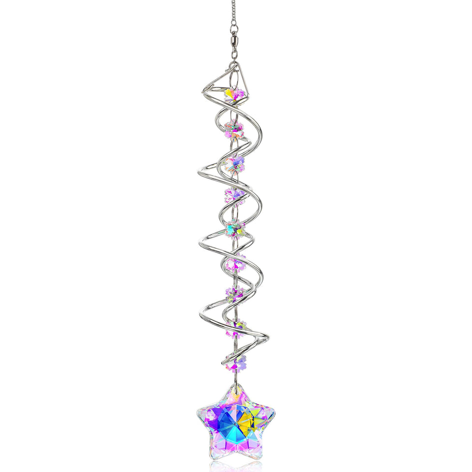 H&D Hyaline & Dora 21inch crystal suncatcher with double spiral catching sunlight through a window