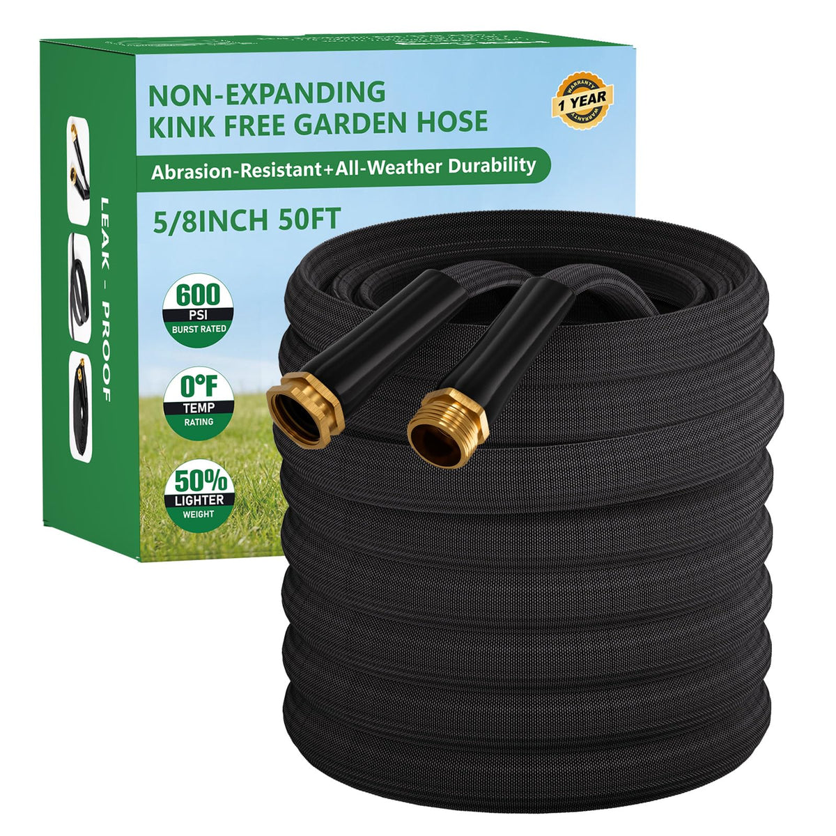 HDKing 50ft non-expanding garden hose in use for steady watering tasks.