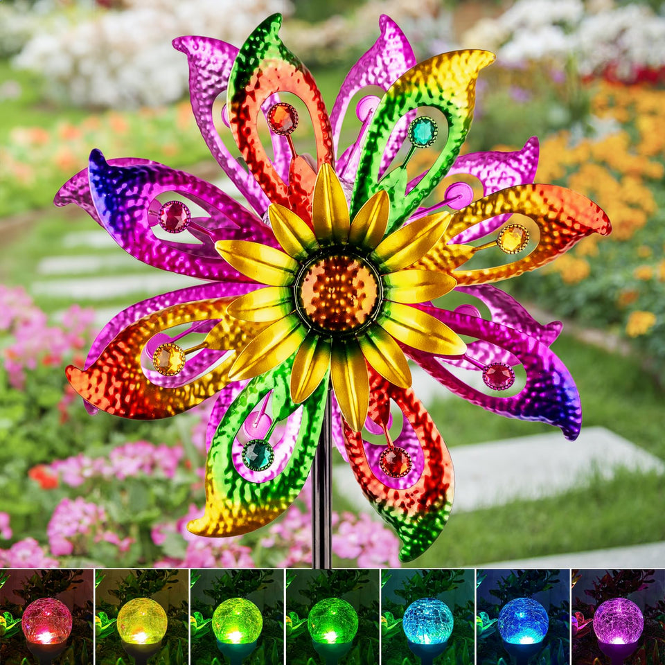 HDUAN IDT Solar Wind Spinner with LED globe lights for vibrant nighttime garden display