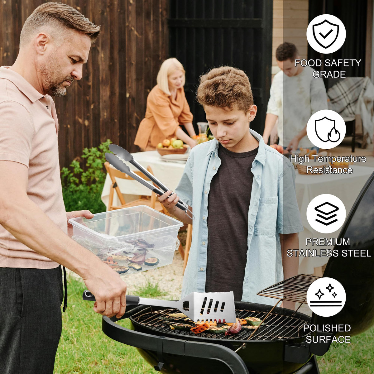 HE-SANQI grill tongs with a strong grip for safe turning.