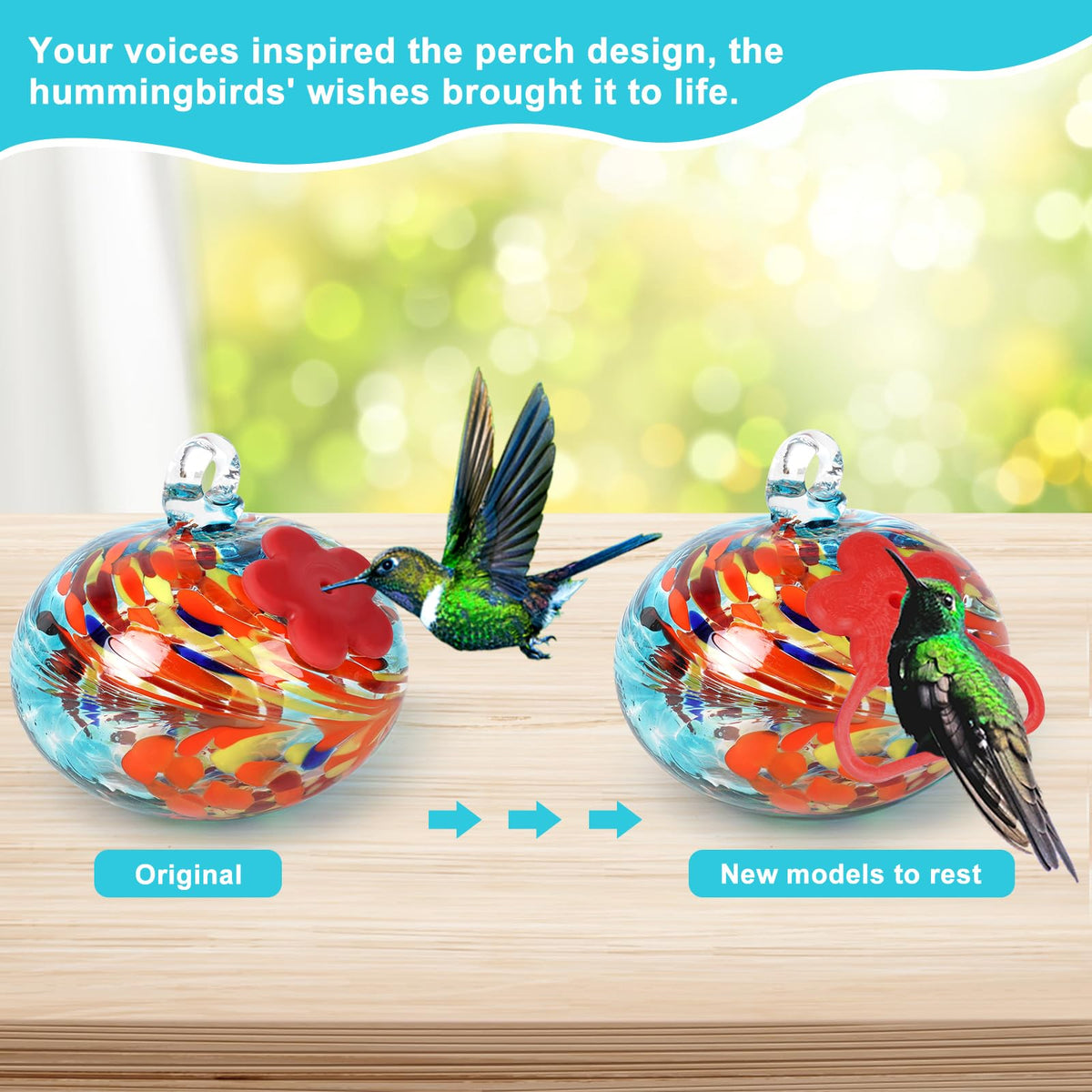 Headak Life hand-blown glass hummingbird feeder with red silicone flowers attracts birds.