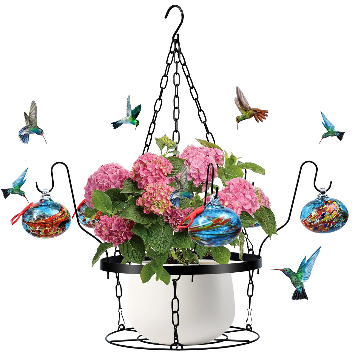 HEADAK LIFE hand blown glass hummingbird feeder with plant hanger attracts birds to patios