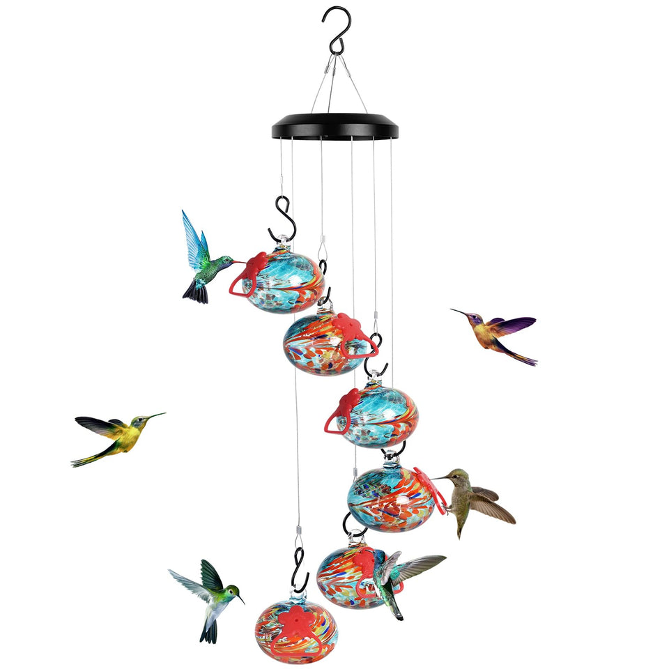 Headak Life outdoor wind chime hummingbird feeder blends ambiance while attracting hummingbirds.