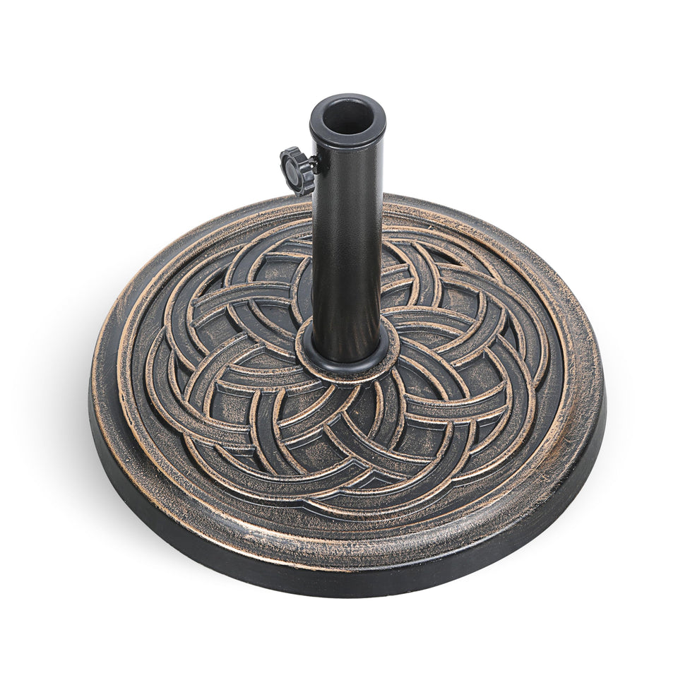 HealSmart bronze round umbrella base provides stable outdoor shade support.