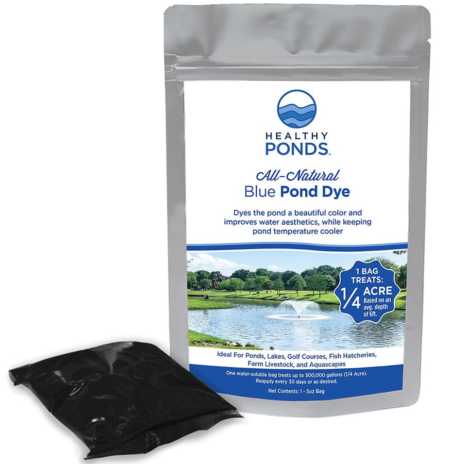 Healthy Ponds dry blue dye packet ready to brighten pond color safely.