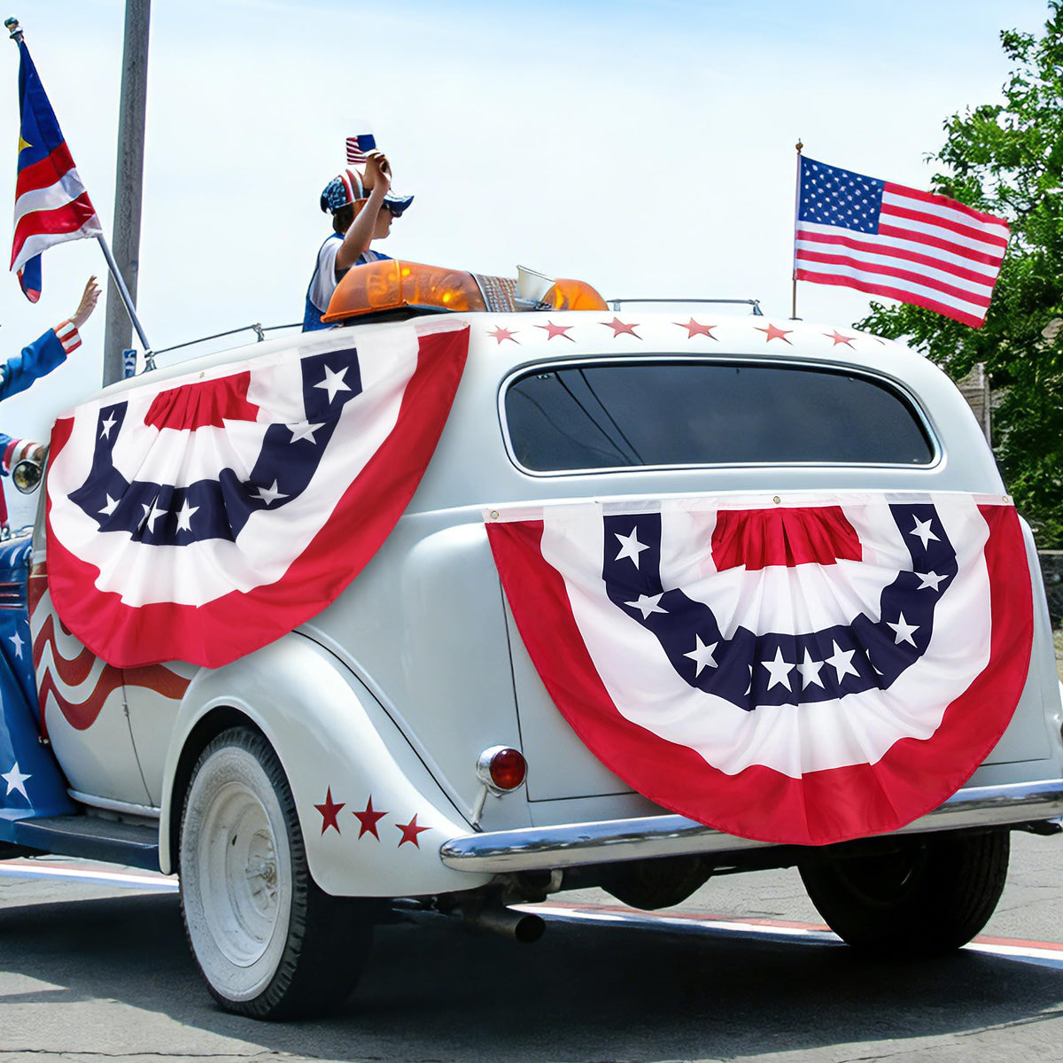 Heartome red white blue flag design enhances party decor.