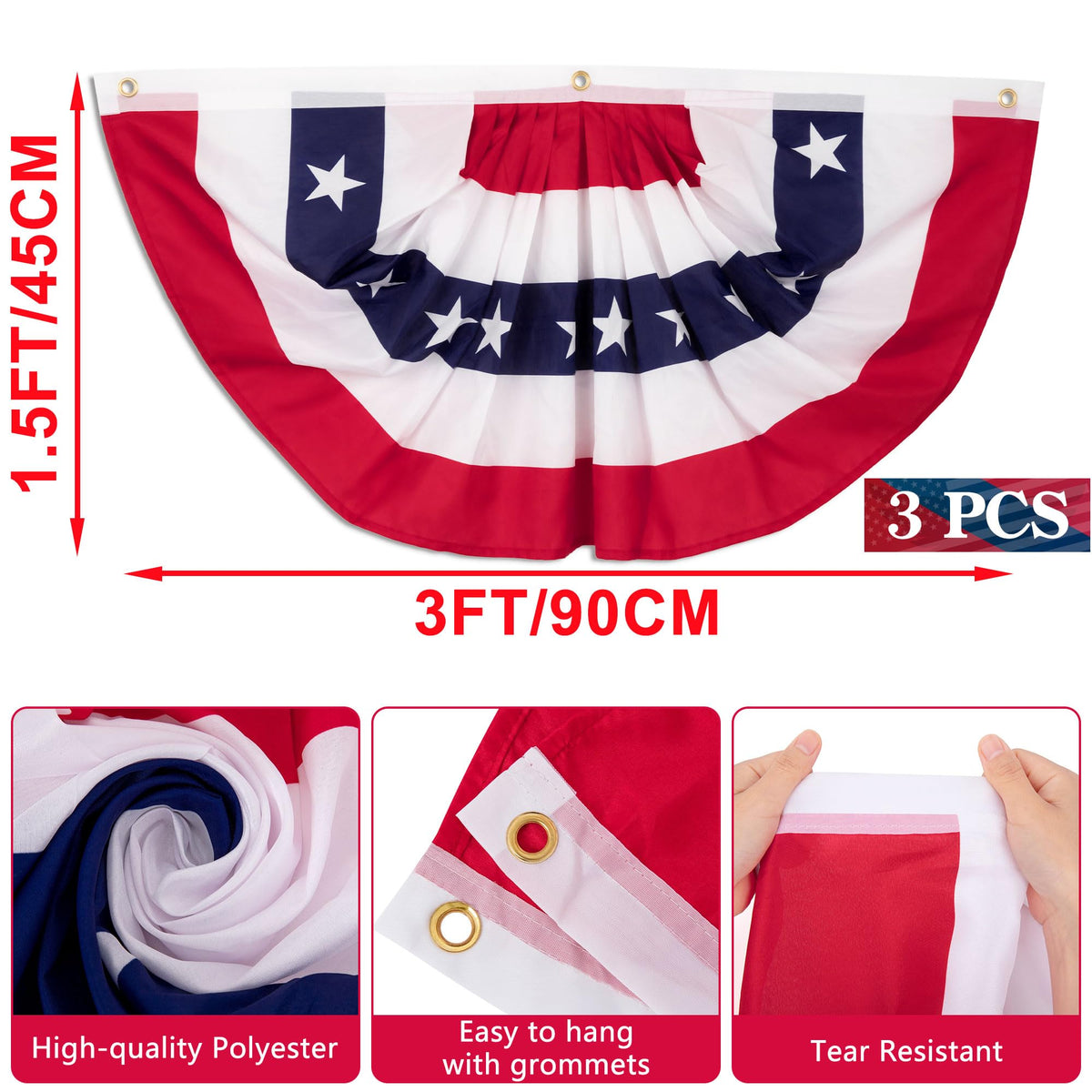 Heartome USA pleated flag side view showing vivid red, white and blue colors.