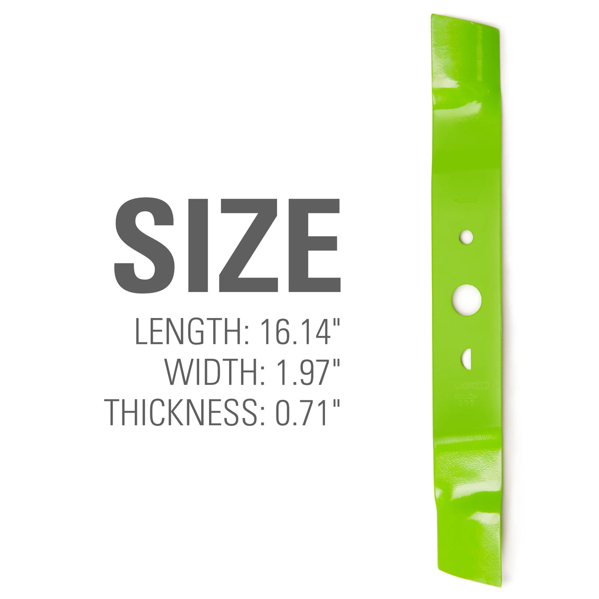 Heat-treated steel mower blade construction shown for durability and longevity.