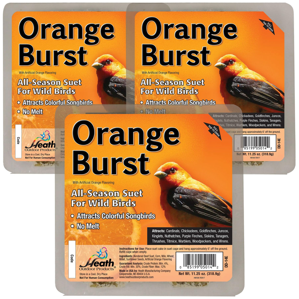 Heath Orange Burst Suet Cake 3-pack for year-round bird feeding and energy