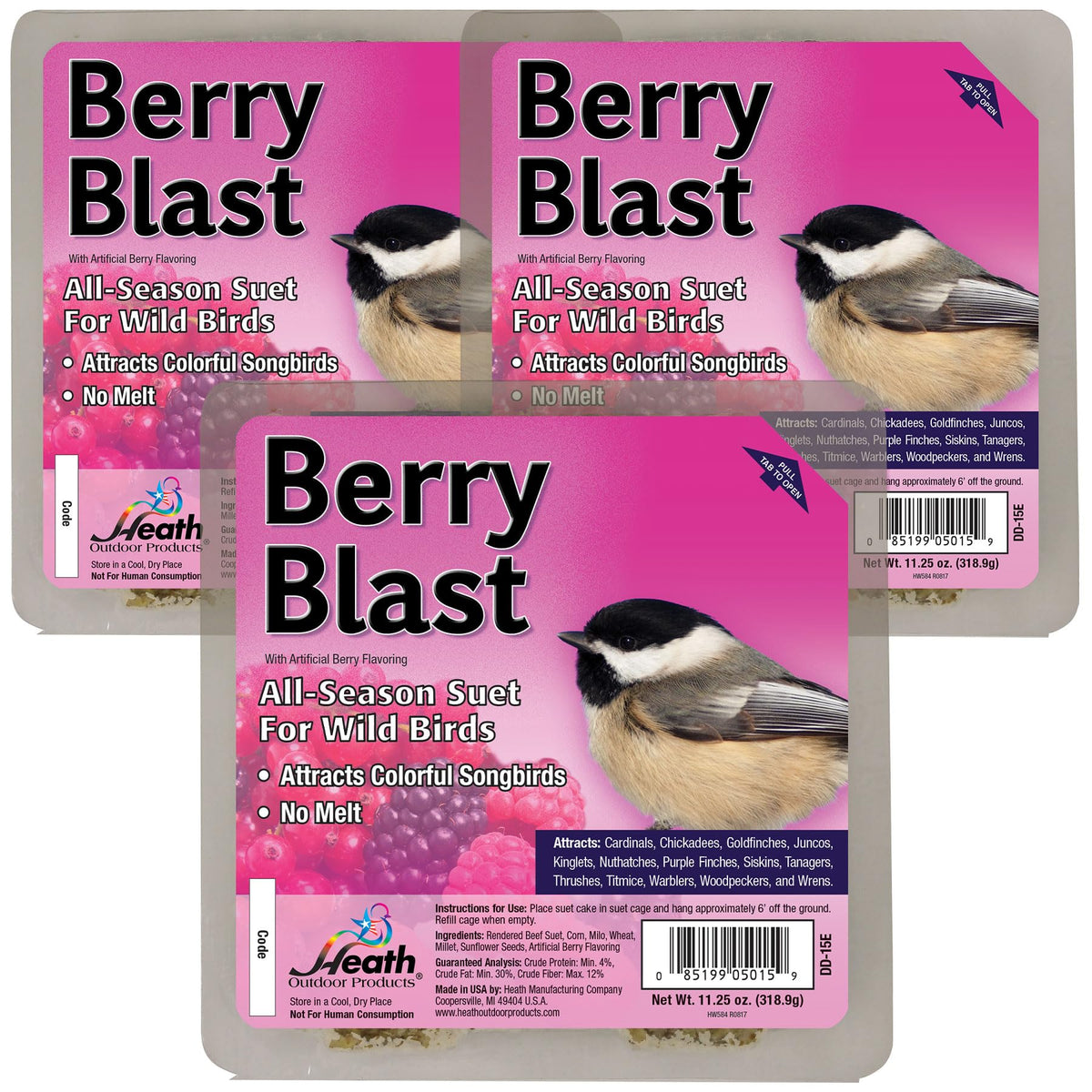 Heath Outdoor Berry Blast suet cake three-pack ready for a bird-friendly feeder setup.