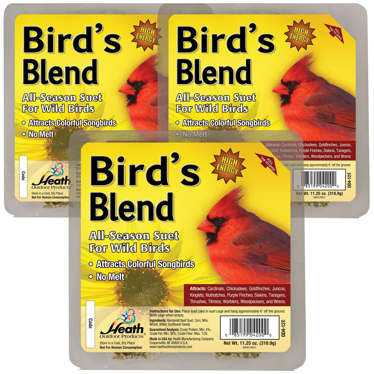 Heath Outdoor Birds Blend 3-pack suet cakes entices colorful songbirds.