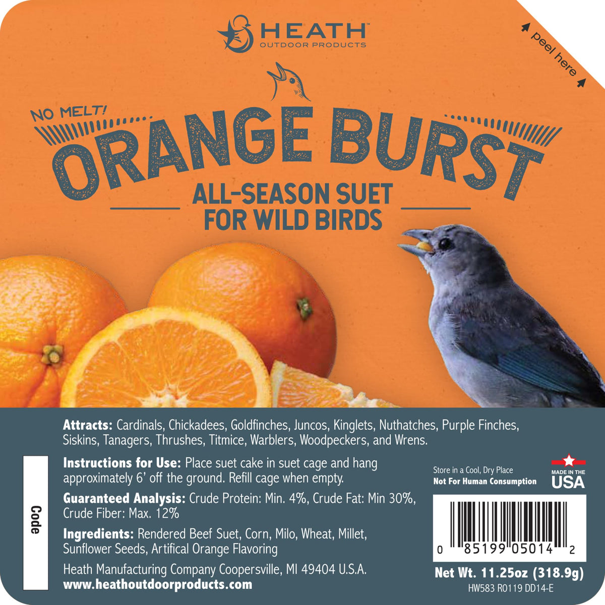 Heath Outdoor DD-14 Orange Burst suet cake front view in 12-pack