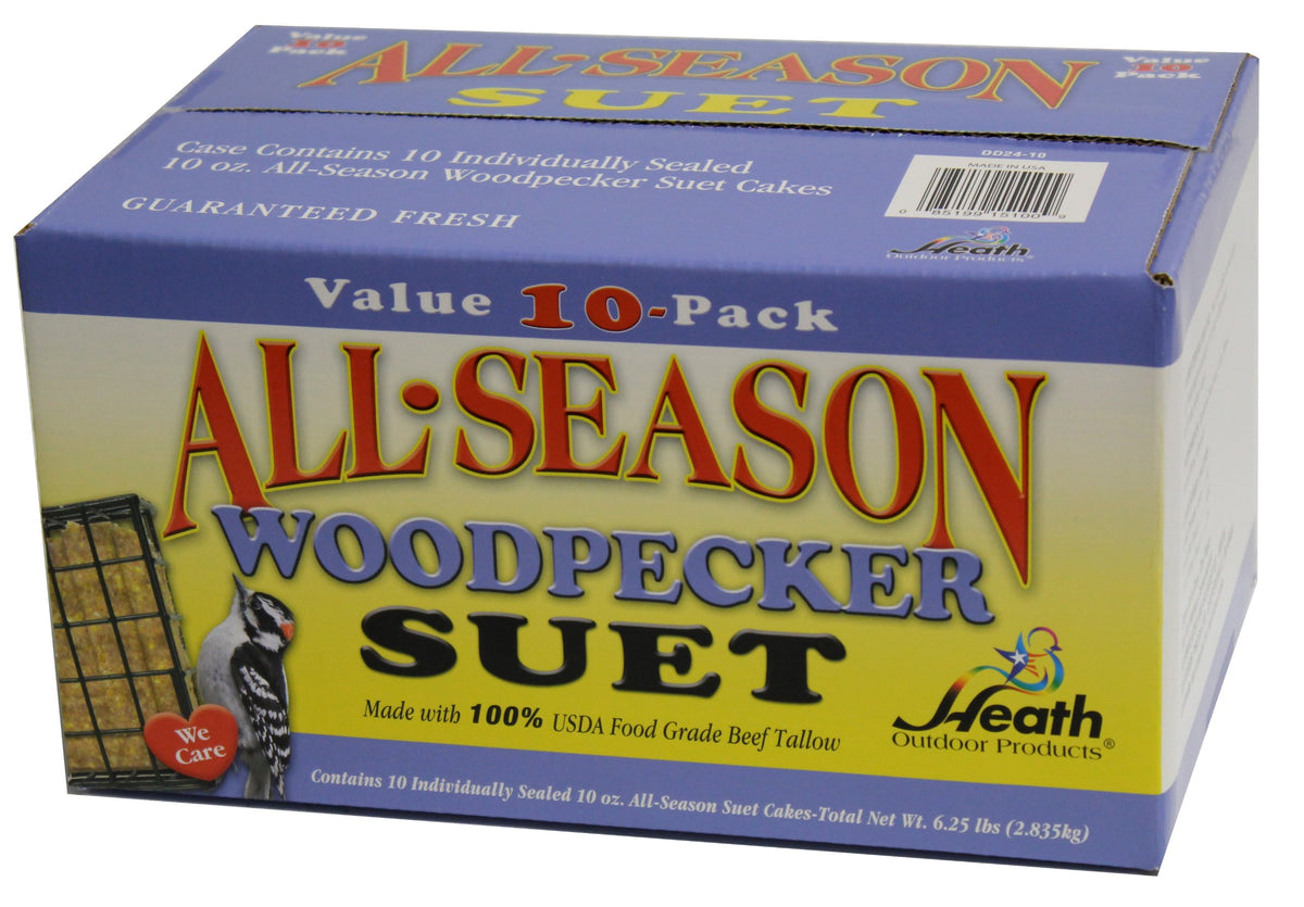 Heath DD24-10 woodpecker suet cake packaging with ten cakes for easy feeding.