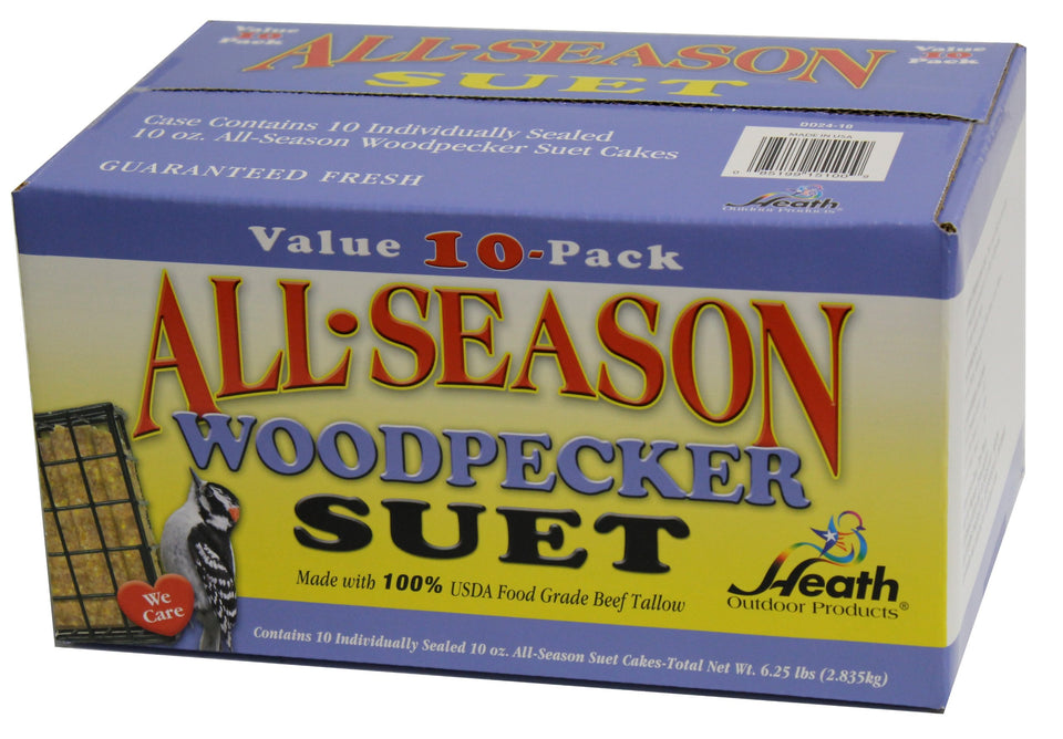 Heath DD24-10 woodpecker suet cake packaging with ten cakes for easy feeding.