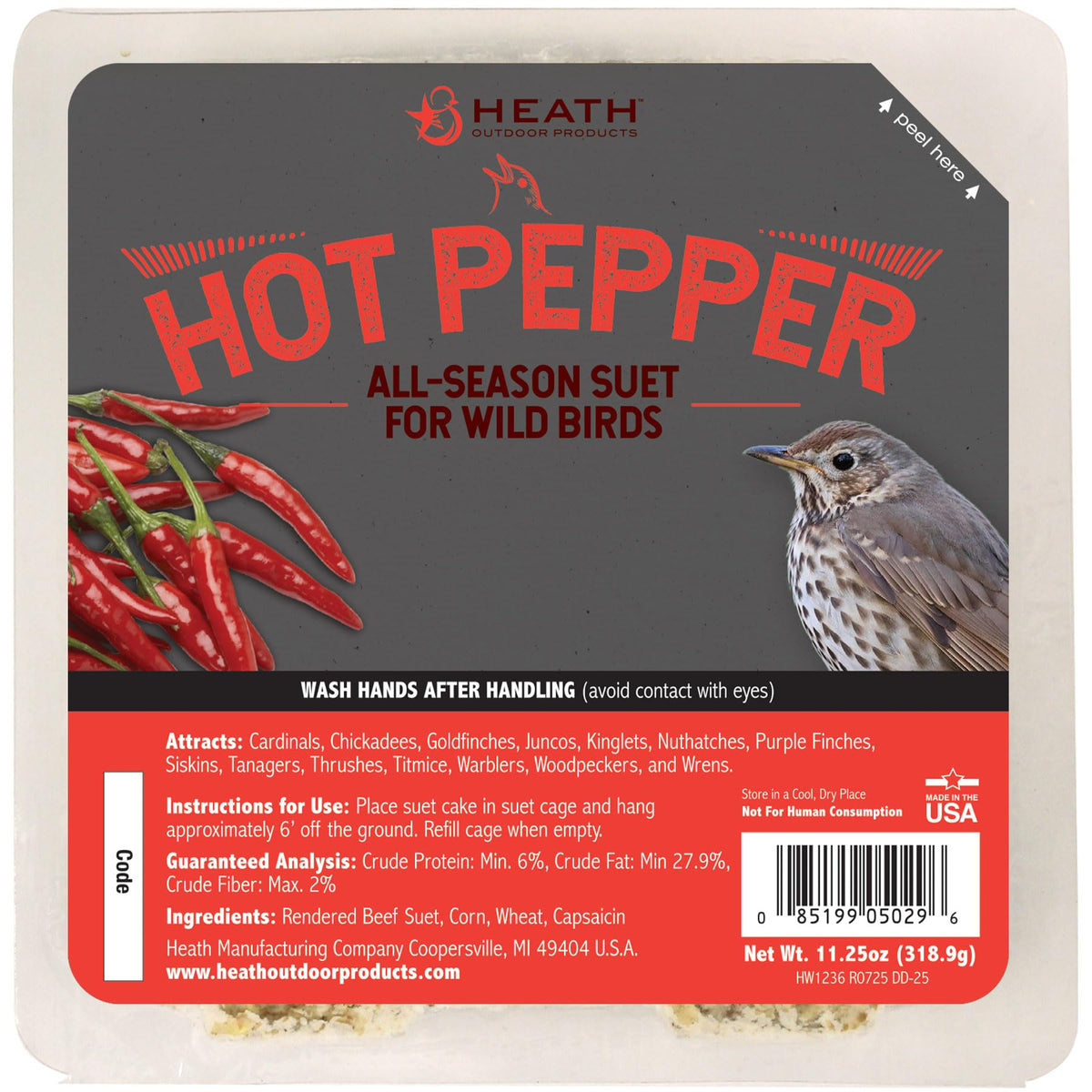 Heath Outdoor DD-25 hot pepper suet cake packaging showing a 12-pack for seasonal feeding.