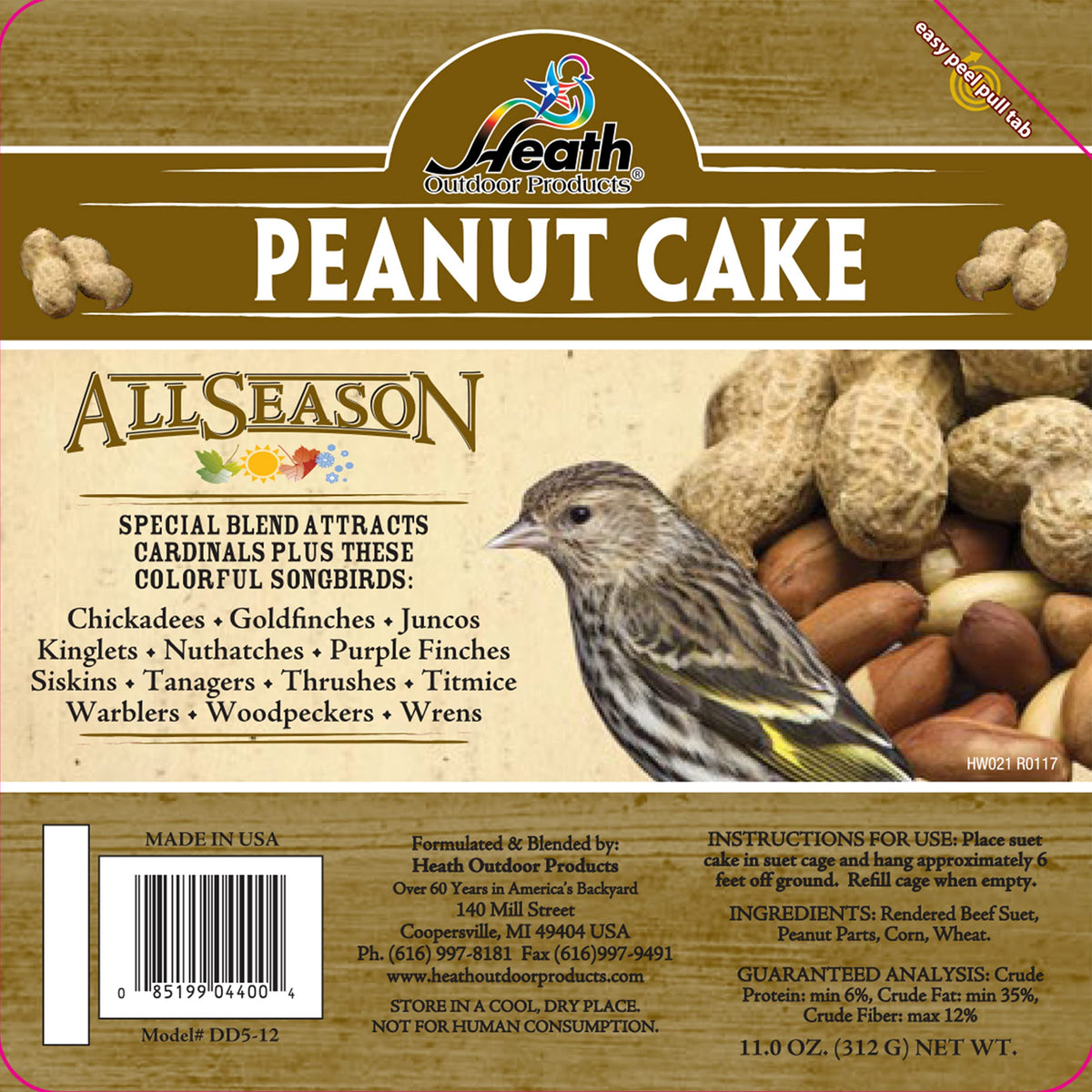 Heath Outdoor Products DD5-12 suet peanut cake block delivering high-energy nourishment for songbirds