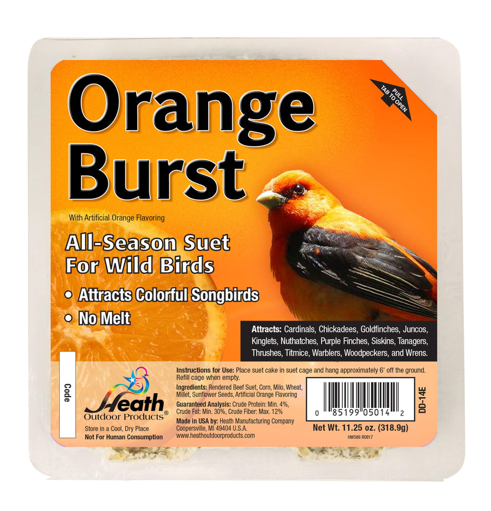 Heath Outdoor Orange Burst suet cake pack-10 in feeder attracts year-round birds.