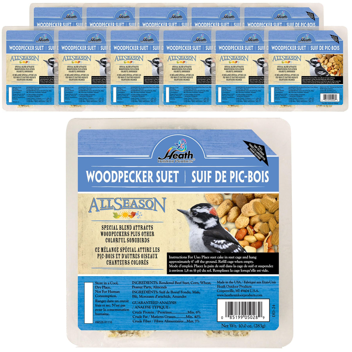 Heath Woodpecker Suet Cake packs display no-melt formula for year-round feeding.