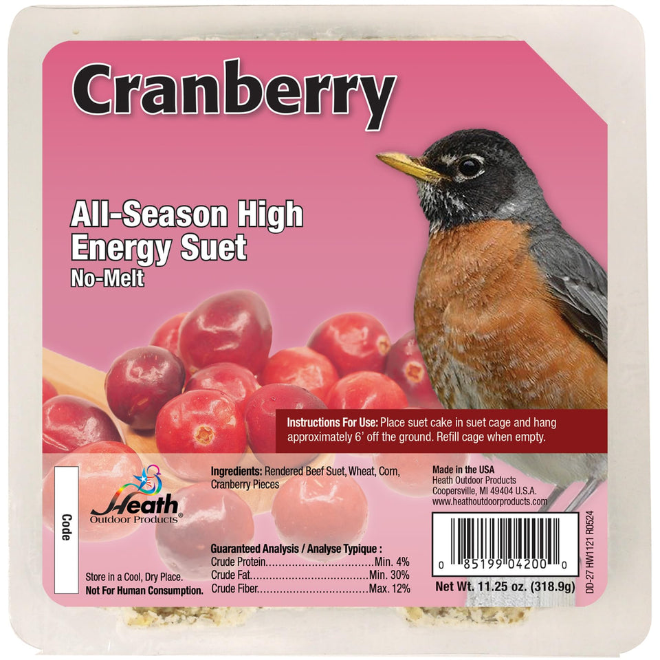 Heath Outdoor Products DD-27 cranberry all-season suet cake packaging, showcasing fresh bird feed.