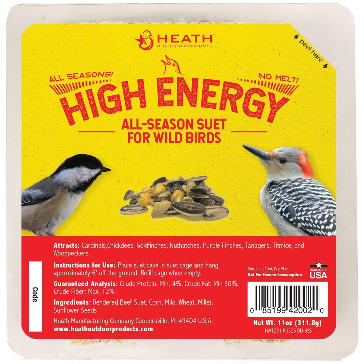 Heath Outdoor Products DD4SS Bird's Blend suet cakes case attracts colorful songbirds.