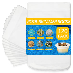 HeatPure 120-pack pool filter socks in a skimmer basket catching leaves for clean water.