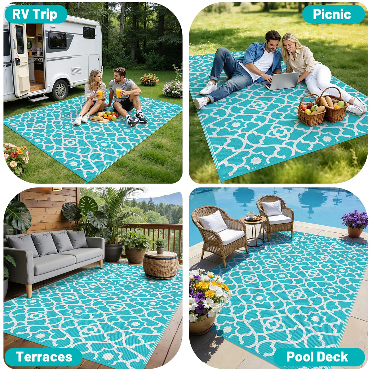 HEBE Outdoor Rug 5x8 portable for travel and camping in outdoor activities.