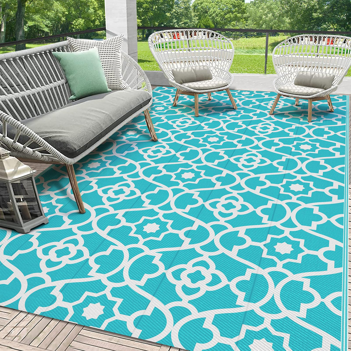 HEBE Outdoor Rug 5x8 front view showing durable, stain-resistant surface for high-traffic outdoor spaces.