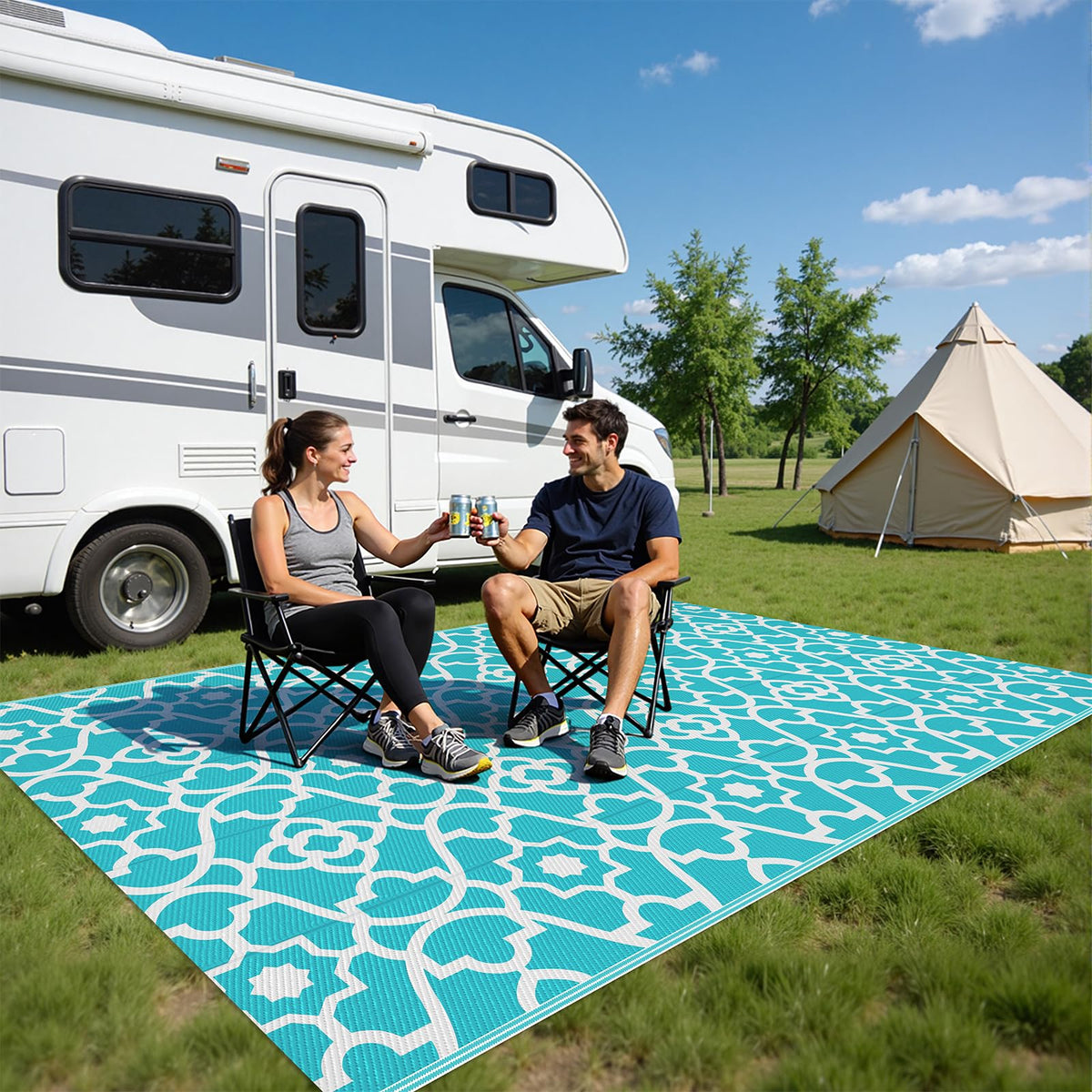 HEBE Outdoor Rug 5x8 reversible pattern closeup highlighting dual decor options.