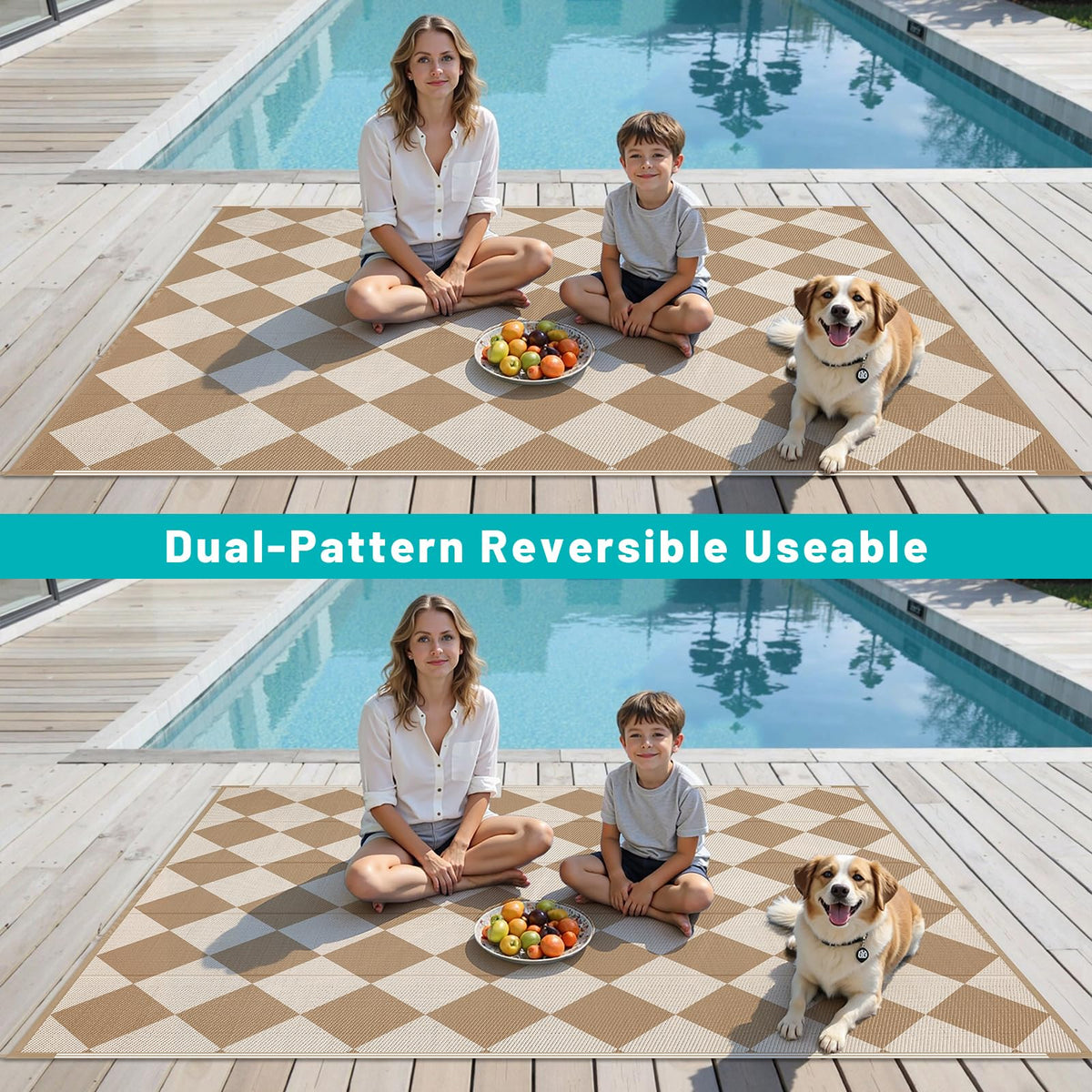 HEBE waterproof patio mat resists water and sun fade for outdoor longevity.